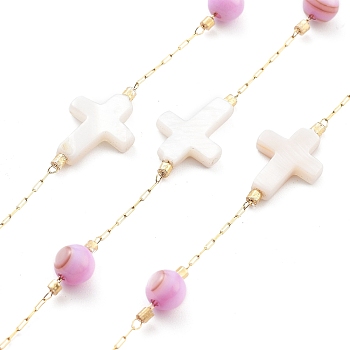 Handmade Round & Cross Natural Shell Beaded Chains, with Natural Ion Plating(IP) 304 Stainless Steel Paperclip Chains, Unwelded, Real 18K Gold Plated, Pearl Pink, 2.2x1x0.5mm