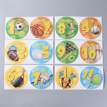 1~12 Months Number & Sports Meet Themes Baby Milestone Stickers, Number Pattern, 10cm, 12pcs/Set