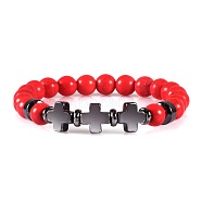 Round Red Dyed Synthetic Turquoise Beaded Stretch Bracelets, Cross Synthetic Non-magnetic Hematite Bracelets for Women Men(ED3000-6)