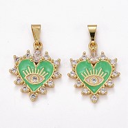 Brass Clear Cubic Zirconia Pendants, with Enamel, Long-Lasting Plated, Real 18K Gold Plated, Heart and Eye, Lime Green, 23x19x3mm, Hole: 2.5x6mm(ZIRC-J025-67G-05)