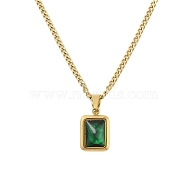 304 Stainless Steel Pave Green Cubic Zirconia Rectangle Pendant Necklaces, Long-Lasting Plated, Real 18K Gold Plated, 16.26 inch(41.3cm)(NJEW-N055-19G)