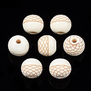 Painted Natural Wood Beads, Laser Engraved Pattern, Round, PapayaWhip, 10x9mm, Hole: 2.5mm(WOOD-S057-072S)