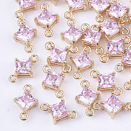 Transparent Glass Links connectors, with Brass Findings, Faceted, Rhombus, Light Gold, Pearl Pink, 11x7x4mm, Hole: 1mm, Side Length: 5mm(X-GLAA-T007-14F)