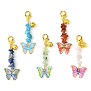Alloy Enamel Butterfly Pendant Decoration, Natural & Synthetic Mixed Gemstone Chips and Lobster Claw Clasps Charms, 64mm(HJEW-JM01555)