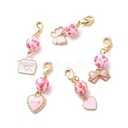 Valentine's Day Alloy Enamel Pendant Decorations Sets, Clip-on Charms, with Spray Painted Resin Beads & Brass Lobster Claw Clasps, for Keychain, Purse Ornament, Pink, 38.5~45mm, 5pcs/set(HJEW-JM00756)