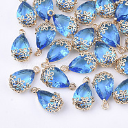 Transparent Glass Pendants, for DIY Jewelry Making, with Brass Findings, Faceted, teardrop, with Flower, Light Gold, Dodger Blue, 16x9x6mm, Hole: 1.2mm(GLAA-T007-05A)