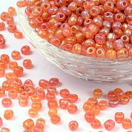(Repacking Service Available) Round Glass Seed Beads, Transparent Colours Rainbow, Round, Orange Red, 6/0, 4mm, about 12g/bag(SEED-C016-4mm-169B)