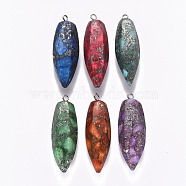 Faceted Teardrop Assembled Synthetic Regalite/Imperial Jasper/Sea Sediment Jasper & Natural Pyrite Big Pendants, with Iron Loop, Dyed, Platinum, Mixed Color, 60~62x20~21.5x17~18.5mm, Hole: 3mm(G-R484-02)
