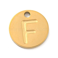 Ion Plating(IP) 304 Stainless Steel Pendants, Laser Cut, Flat Round with Letter Charm, Golden, Letter F, 10x1mm, Hole: 1.4mm(FIND-M017-02G-F)