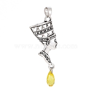 Alloy Pendants, with Transparent Yellow Resin Beads, Egyptian queen, Antique Silver, 41.5x18x3mm, Hole: 6x5mm(PALLOY-H198-01AS)