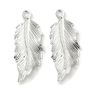 Brass Pendants, Feather Charms, Real Platinum Plated, 32x12.5x1.5mm, Hole: 2mm(KK-L208-14P)