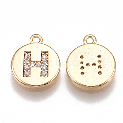 Brass Cubic Zirconia Charms, Flat Round with Letter, Nickel Free, Real 18K Gold Plated, Clear, Letter.H, 12x10x2mm, Hole: 1mm(KK-T038-194G-H)