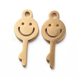 PVD Vacuum Plating 304 Stainless Steel Charms, Cut-Out, Manual Polishing, Hollow, Key with Smile, Golden, 13x5.5x1mm, Hole: 1mm(STAS-G215-07G)