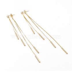 Brass Long Tassel Dangle Stud Earrings with Acrylic Pearl, Front Back Stud Earrings for Women, Lead Free & Cadmium Free & Nickel Free, Real 18K Gold Plated, 133x4.5x4.5mm, Pin: 0.6mm(EJEW-F281-14G)