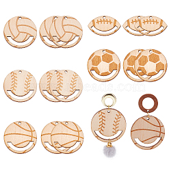 20Pcs 5 Styles Hollow Wooden Pendants, Undyed, Laser Cut, Football & Baseball & Basketball & Volleyball & Rugby, BurlyWood, 19.5~32x2mm, Hole: 2~2.2mm, 4pcs/style(WOOD-CA0001-54)