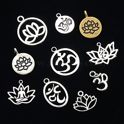 Chakra Alloy Rhinestone Pendant, Ohm/Aum & Lotus, Mixed Color, 22x15mm, 10pcs/set(CHAK-PW0001-028)