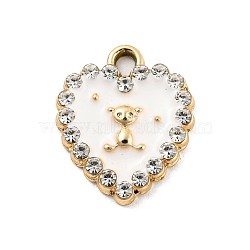 UV Plating Golden Alloy Enamel Pendants, with Crystal Rhinestone, Heart with Bear Charms, White, 17.5x15x2.5mm, Hole: 1.8mm(PALLOY-D026-03G-01)
