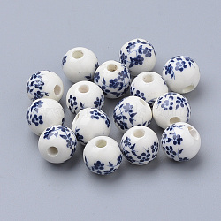 Handmade Printed Porcelain Beads, Round, Prussian Blue, 6mm, Hole: 2mm(PORC-Q201-6mm-4)