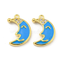 Brass Micro Pave Cubic Zirconia Pendants, with Enamel, Moon, Real 18K Gold Plated, 14.5x10x2.5mm, Hole: 1mm(KK-P258-18G)