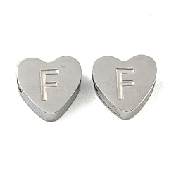 Tarnish Resistant 304 Stainless Steel Beads, Heart with Letter, Stainless Steel Color, Letter F, 7x8x3mm, Hole: 2mm(STAS-H219-16P-F)