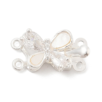 Brass Micro Pave Clear Cubic Zirconia Box Clasps, with Shell, Butterfly, 2-Strand, 4-Hole, Silver, 10x18x8mm, Hole: 1.2mm