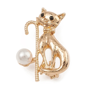Alloy Rhinestone Brooch Pin, with ABS Imitation Pearl, Cat, Golden, 34.5x23x12.5mm