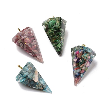Transparent Resin Natural Imperial Jasper Chips Pendants, with Golden Tone Brass Findings, Dyed, for Dowsing Pendulum Pendant Making, Pyramid Charm, Mixed Color, 30.5~31.5x19x17mm, Hole: 2mm