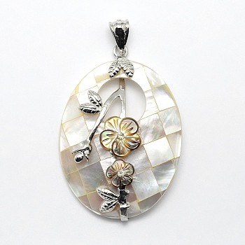 Brass White Shell Oval with Flower Pendants, with Rhinestone, 48x31x8mm, Hole: 4x5mm