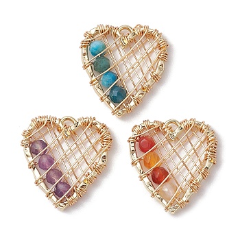 3Pcs 3 Styles Natural Amethyst & Red Agate & Apatite Faceted Round Pendants, Heart Alloy Charms, Light Gold, 22.5x21.5x4mm, Hole: 1.2mm, 1pc/style