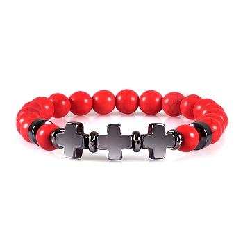 Round Red Dyed Synthetic Turquoise Beaded Stretch Bracelets, Cross Synthetic Non-magnetic Hematite Bracelets for Women Men