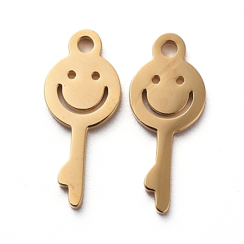 Vacuum Plating 304 Stainless Steel Charms, Cut-Out, Manual Polishing, Hollow, Key with Smile, Golden, 13x5.5x1mm, Hole: 1mm