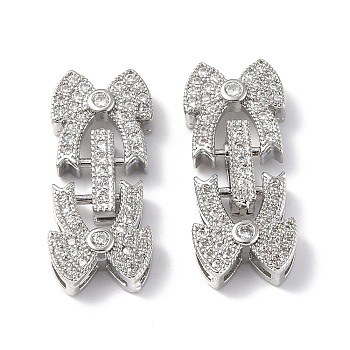 Rack Plating Brass Micro Pave Clear Cubic Zirconia Fold Over Clasps, Bowknot, Platinum, 26x11x4.5mm, Hole: 0.8x4.5mm