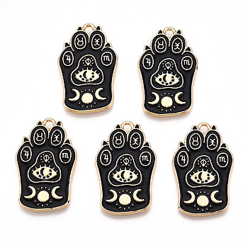 Alloy Enamel Pendants, Cat Paw Print, Light Gold, Black, 28x18x1.5mm, Hole: 1.8mm