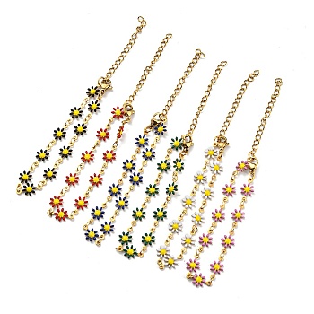Ion Plating(IP) Golden 304 Stainless Steel Flower Link Chain Bracelets with Enamel, Mixed Color, 6-1/2 inch(16.5cm)