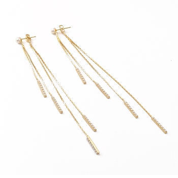 Brass Long Tassel Dangle Stud Earrings with Acrylic Pearl, Front Back Stud Earrings for Women, Lead Free & Cadmium Free & Nickel Free, Real 18K Gold Plated, 133x4.5x4.5mm, Pin: 0.6mm