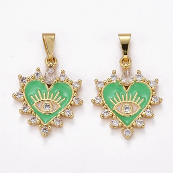 Brass Clear Cubic Zirconia Pendants, with Enamel, Long-Lasting Plated, Real 18K Gold Plated, Heart and Eye, Lime Green, 23x19x3mm, Hole: 2.5x6mm
