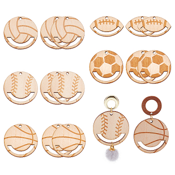 20Pcs 5 Styles Hollow Wooden Pendants, Undyed, Laser Cut, Football & Baseball & Basketball & Volleyball & Rugby, BurlyWood, 19.5~32x2mm, Hole: 2~2.2mm, 4pcs/style