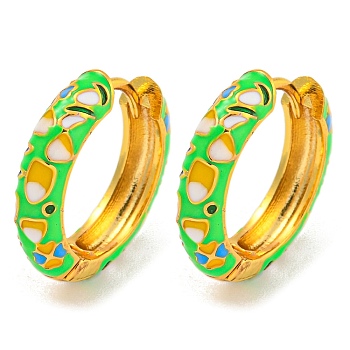 Rack Plating Brass Hoop Earrings, with Flower Enamel, Cadmium Free & Lead Free, Long-Lasting Plated, Real 18K Gold Plated, Lime, 19x4.5mm