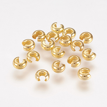 Brass Crimp Beads Covers, Round, Golden, About 3.2mm In Diameter, 2.2mm Thick, Hole: 1mm, about 250pcs/10g