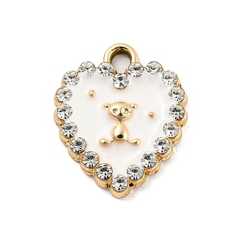 UV Plating Golden Alloy Enamel Pendants, with Crystal Rhinestone, Heart with Bear Charms, White, 17.5x15x2.5mm, Hole: 1.8mm
