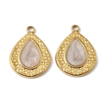 304 Stainless Steel Enamel Pendants, Teardrop Charms, Real 18K Gold Plated, Ion Plating(IP), Linen, 23x17x2.5mm, Hole: 1.8mm