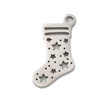 Anti-Tarnish Christmas 201 Stainless Steel Pendants, Laser Cut, Christmas Stocking with Star Charm, Stainless Steel Color, 16.5x8.5x1mm, Hole: 1.5mm