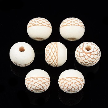 Painted Natural Wood Beads, Laser Engraved Pattern, Round, PapayaWhip, 10x9mm, Hole: 2.5mm