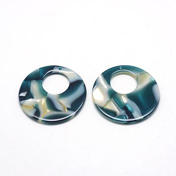 Cellulose Acetate(Resin) Pendants, Flat Round, Teal, 29.5x29.5x2.5mm, Hole: 1.5mm