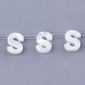 Natural Sea Shell Beads, White Shell Mother of Pearl Shell, Top Drilled Beads, Letter.S, 10x2.5~11.5x3mm, Hole: 0.8mm