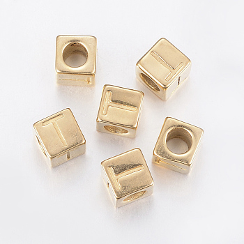 304 Stainless Steel Large Hole Letter European Beads, Horizontal Hole, Cube with Letter.T, Golden, 8x8x8mm, Hole: 5mm