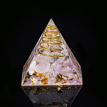 Orgonite Pyramid Resin Display Decorations, Healing Pyramids, for Stress Reduce Healing Meditation, with Brass Findings, Gold Foil and Natural Amethyst Chips Inside, for Home Office Desk, 30mm