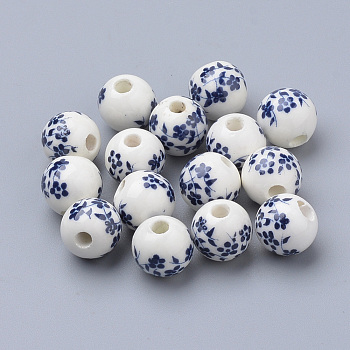 Handmade Printed Porcelain Beads, Round, Prussian Blue, 6mm, Hole: 2mm