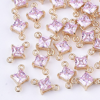 Transparent Glass Links connectors, with Brass Findings, Faceted, Rhombus, Light Gold, Pearl Pink, 11x7x4mm, Hole: 1mm, Side Length: 5mm
