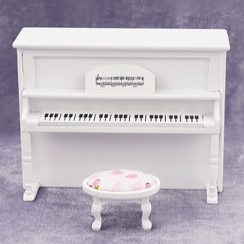 Wood Piano & Chair Miniature Ornaments, Micro Landscape Home Dollhouse Accessories, Pretending Prop Decorations, White, 133x55x98mm